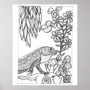 16"x 20" Lizard with flowers colouring Poster