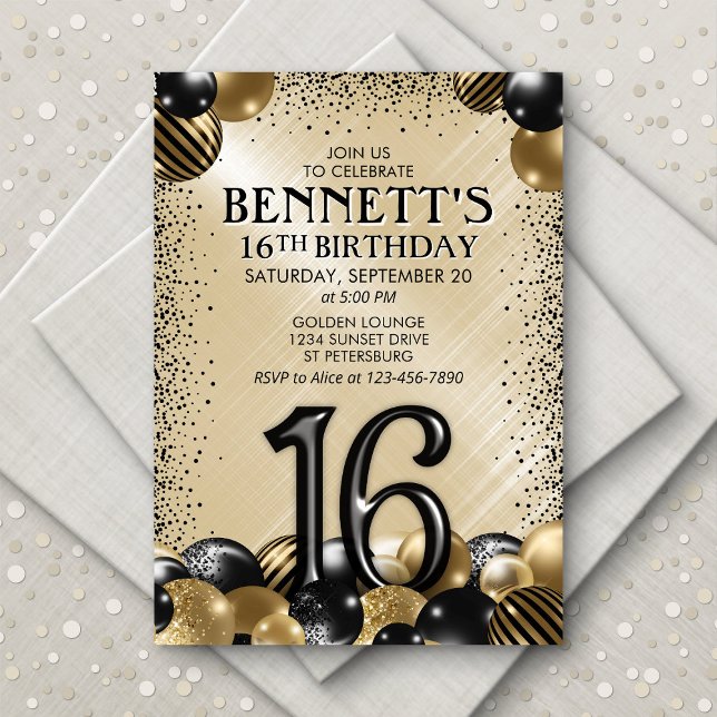 16th Balloons Black Gold Birthday Invitation (Creator Uploaded)