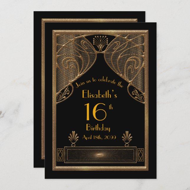 16th,Birthday 16th,Art Deco, black gold Invitation (Front/Back)