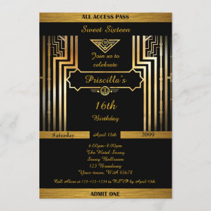 16th,Birthday 16th, Gatsby style, black & gold Invitation