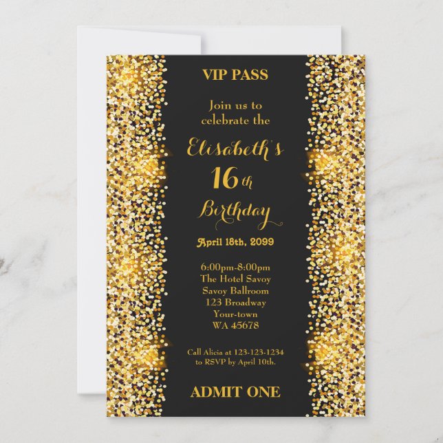 16th,Birthday 16th,Gatsby style,ticket,black gold Invitation (Front)
