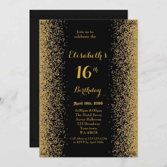 16th,Birthday 16th,Glitter,black gold Invitation (Front/Back)