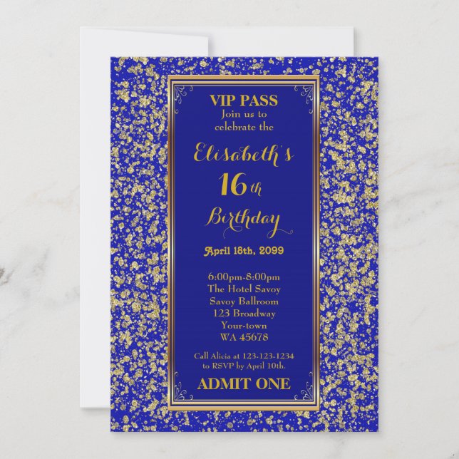 16th,Birthday 16th,Glitter Navy,ticket,Navy gold Invitation (Front)