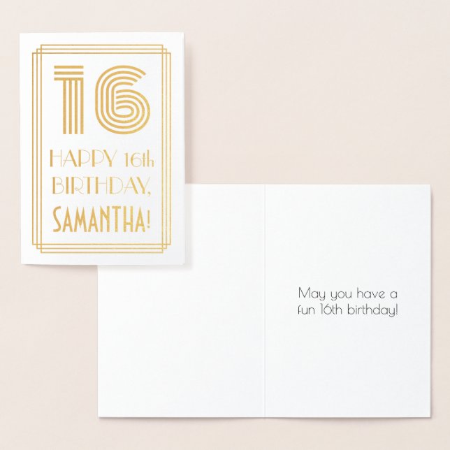 16th Birthday - Art Deco Inspired Look "16" & Name Foil Card (Display)