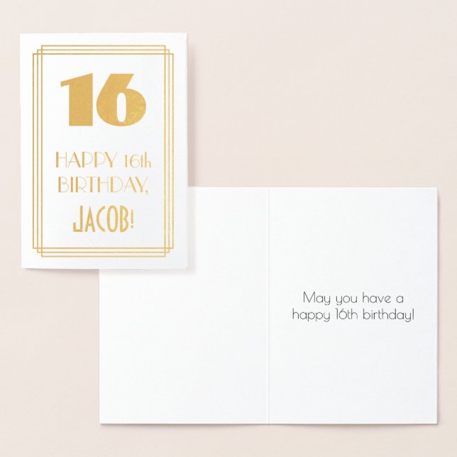 16th Birthday: Art Deco Inspired Look "16" & Name Foil Card (Display)