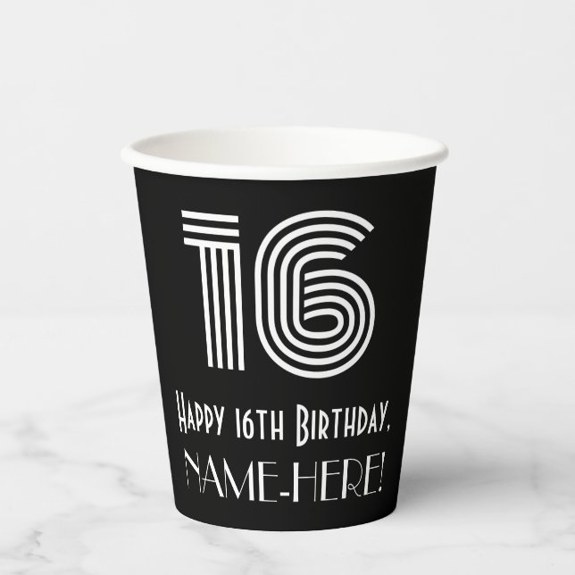 16th Birthday — Art Deco Inspired Look “16” + Name Paper Cups (Front)