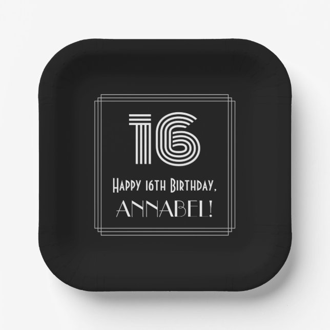 16th Birthday — Art Deco Inspired Look “16” + Name Paper Plate (Front)