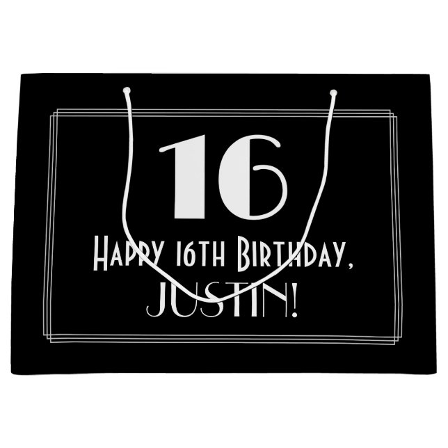 16th Birthday: Art Deco Inspired Style "16", Name Large Gift Bag (Front)