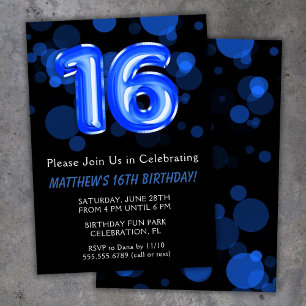 16th Birthday Balloons Kids Blue Boy Party Invitation