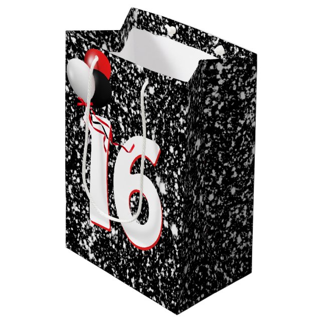 16th Birthday Balloons on Black Glitter Medium Gift Bag (Front Angled)