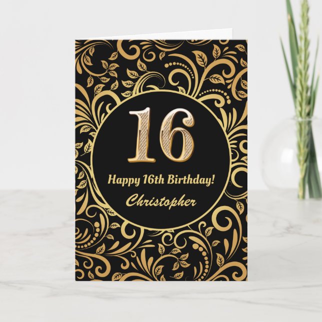 16th Birthday Black and Gold Floral Pattern Card (Front)