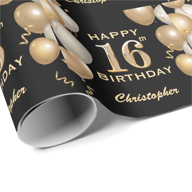 16th Birthday Black and Gold Glitter Balloons Wrapping Paper (Roll Corner)