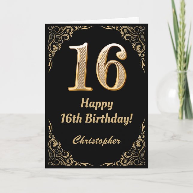 16th Birthday Black and Gold Glitter Frame Card (Front)