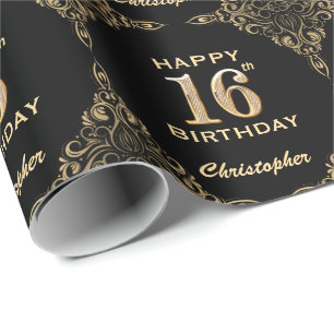 16th Birthday Black and Gold Glitter Frame Wrapping Paper