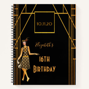 16th birthday black gold 1920's art deco notebook