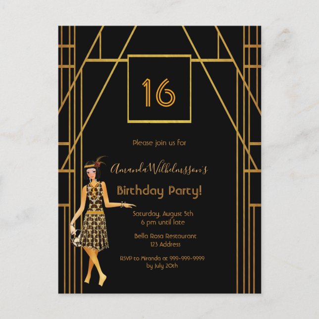 16th birthday black gold art deco style invitation postcard (Front)