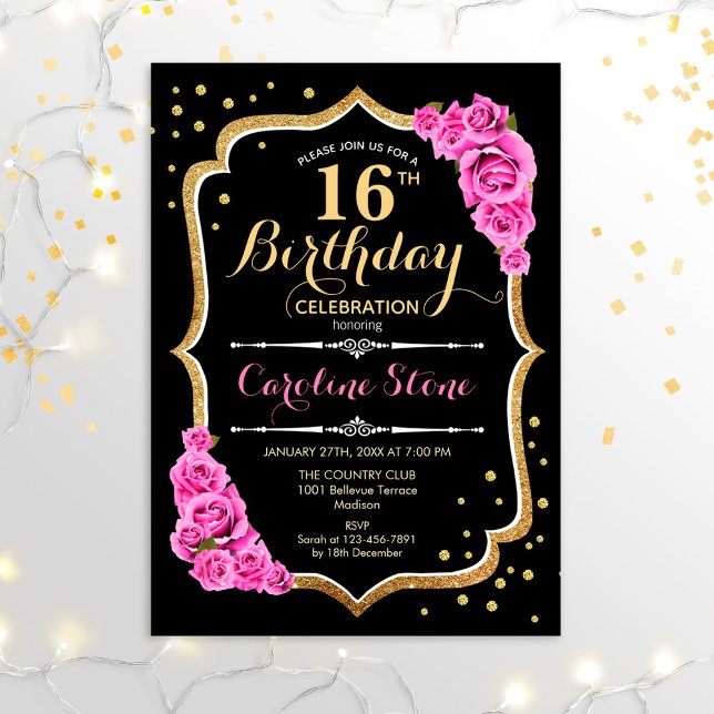 16th Birthday - Black Gold Pink Roses Invitation (Creator Uploaded)