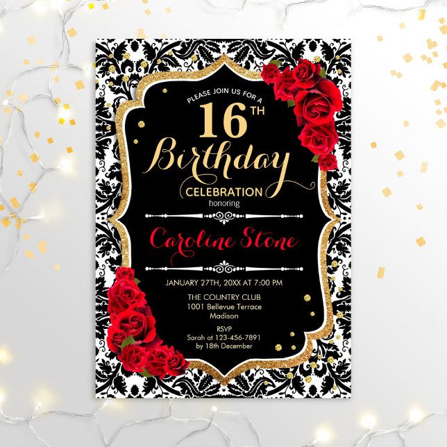 16th Birthday - Black Gold Red Roses Invitation (Creator Uploaded)
