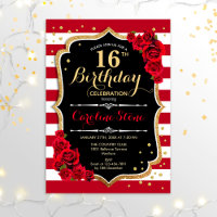 16th Birthday - Black Gold Red White Stripes Roses