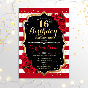 16th Birthday - Black Gold Red White Stripes Roses Invitation