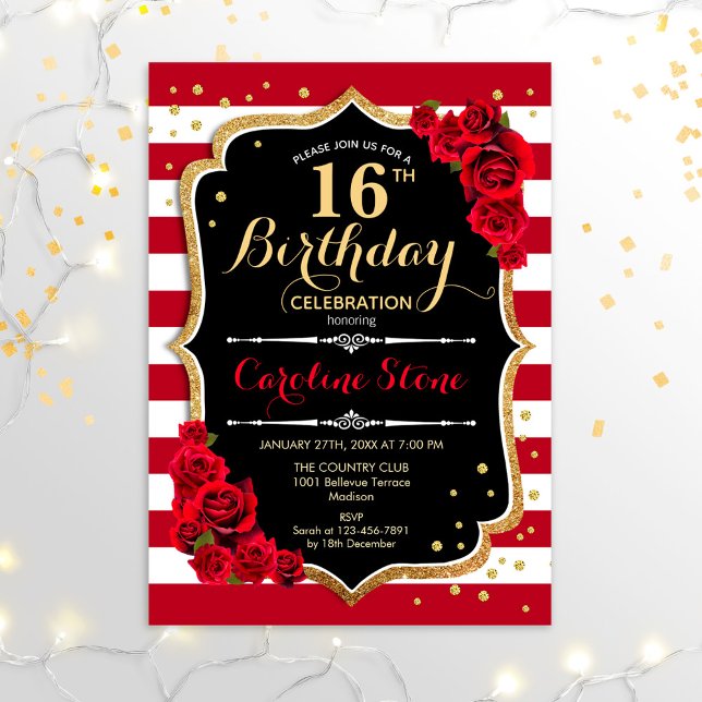 16th Birthday - Black Gold Red White Stripes Roses Invitation (Creator Uploaded)