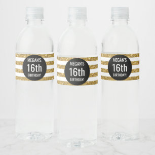16th Birthday Black Gold Stripes Water Bottle Label