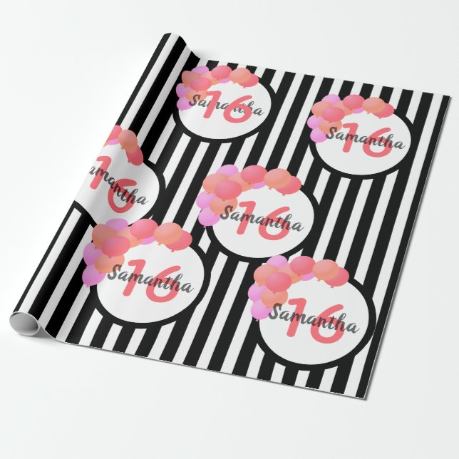 16th birthday black white stripes balloons pink wrapping paper (Unrolled)