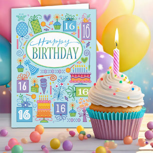 16th Birthday Blue Cake Balloon Card