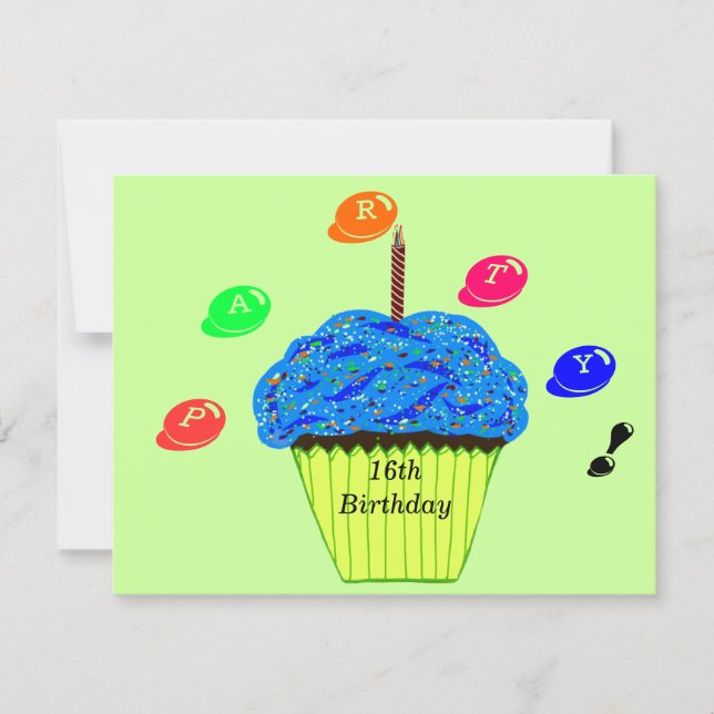 16th Birthday Blue Cupcake Candy Bits Invitation (Front)