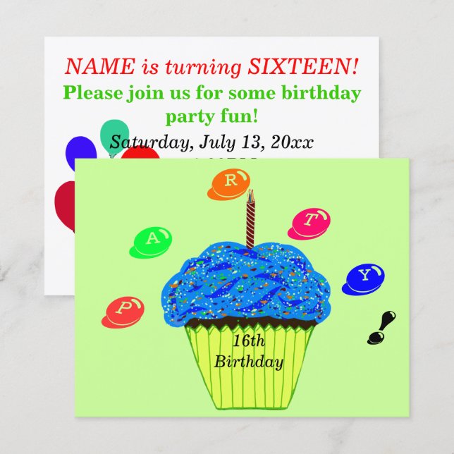 16th Birthday Blue Cupcake Candy Bits Invitation (Front/Back)