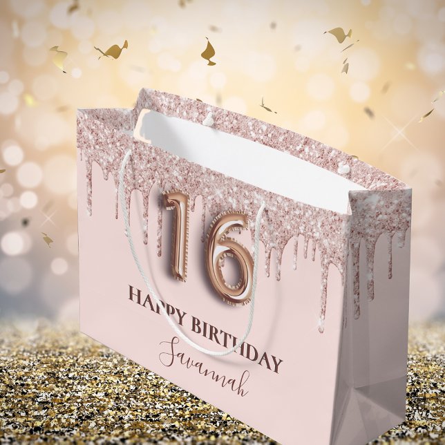 16th birthday blush pink glitter drips rose gold large gift bag (Creator Uploaded)