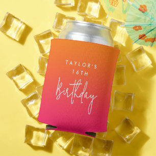 16th Birthday Bright Hot Pink and Orange Ombre Can Cooler