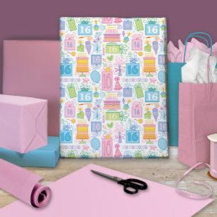 16th Birthday Bright Pastel Cake Presents Balloons Wrapping Paper Sheet