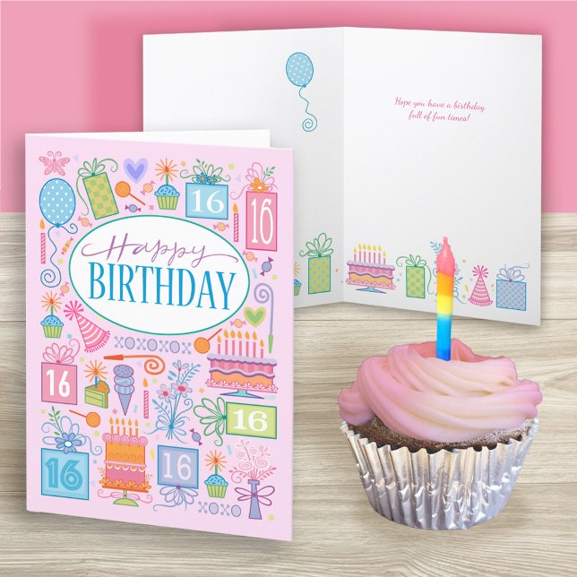 16th Birthday Bright Pastel Icons On Pink Card (Creator Uploaded)