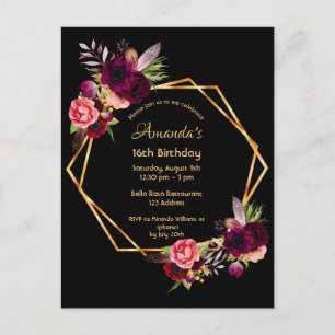 16th birthday burgundy floral gold geometric black postcard
