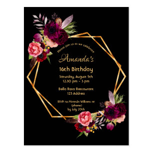 16th birthday burgundy floral gold geometric black postcard