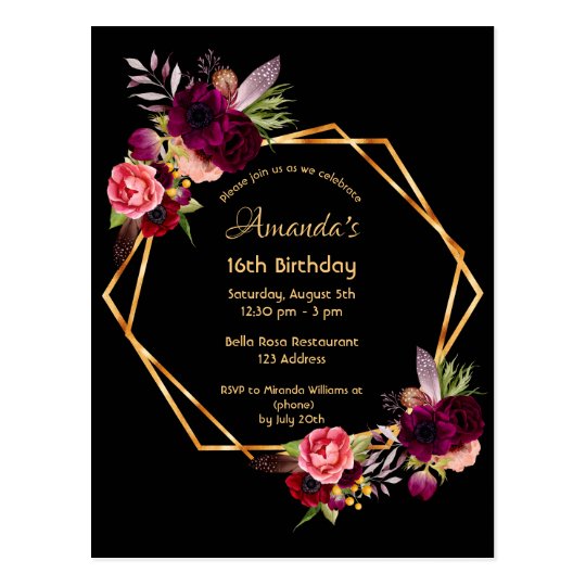 16th birthday burgundy floral gold geometric black postcard
