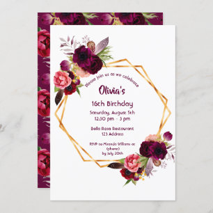 16th birthday burgundy florals gold geometric invitation