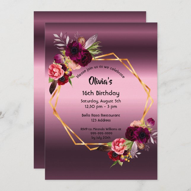 16th birthday burgundy florals purple geometric invitation (Front/Back)