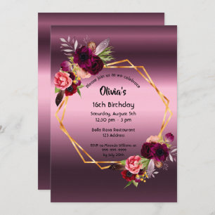 16th birthday burgundy florals purple geometric invitation