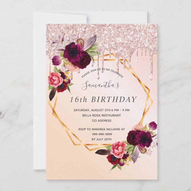 16th birthday burgundy florals rose gold glitter invitation (Front)