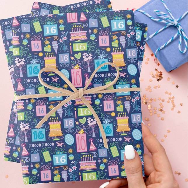 16th Birthday Cake Presents Balloons Blue Wrapping Paper Sheet (Creator Uploaded)