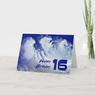 16th birthday card with wild white surf horses