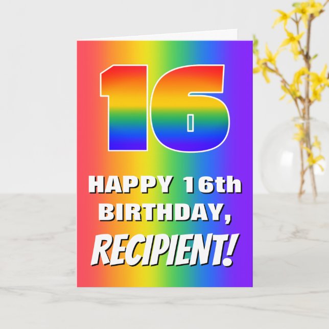 16th Birthday: Colorful, Fun Rainbow Pattern # 16 Card (Yellow Flower)