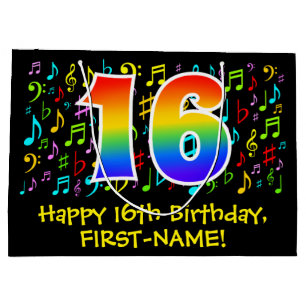 16th Birthday - Colorful Music Symbols, Rainbow 16 Large Gift Bag