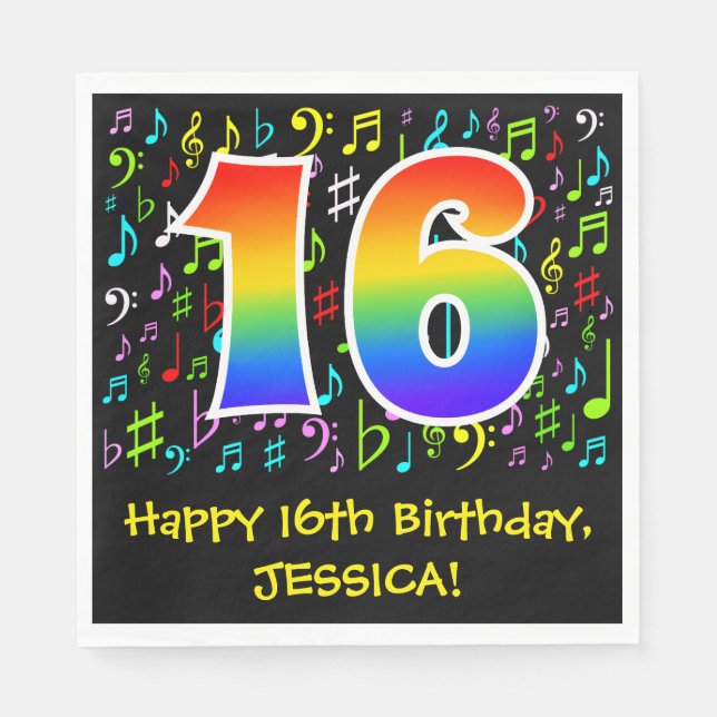 16th Birthday - Colourful Music Symbols, Rainbow 1 Napkin (Front)