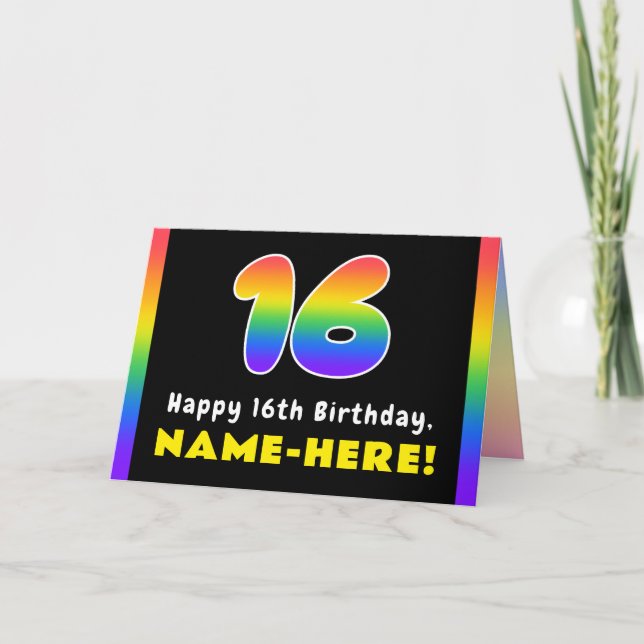 16th Birthday: Colourful Rainbow # 16, Custom Name Card (Front)