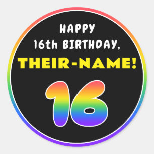 16th Birthday: Colourful Rainbow # 16, Custom Name Classic Round Sticker