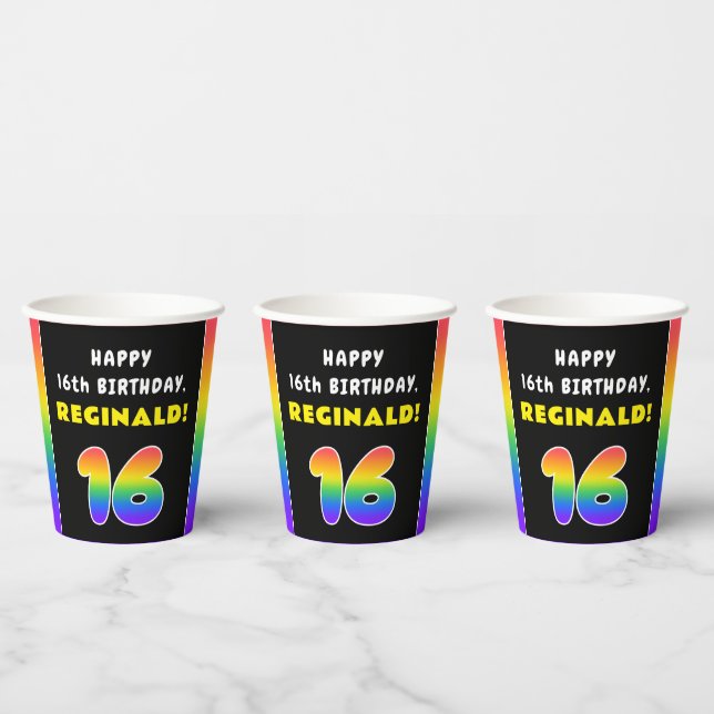 16th Birthday: Colourful Rainbow # 16, Custom Name Paper Cups (Multi)