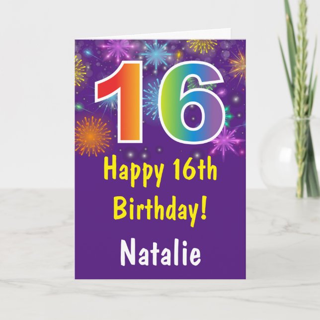 16th Birthday Colourful Rainbow Fireworks Purple Card (Front)